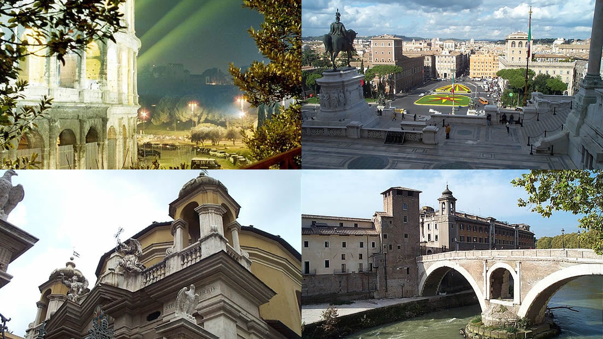Collage fotografico di Roma (Colosseo, Campidoglio, architetture barocche, Isola Tiberina)